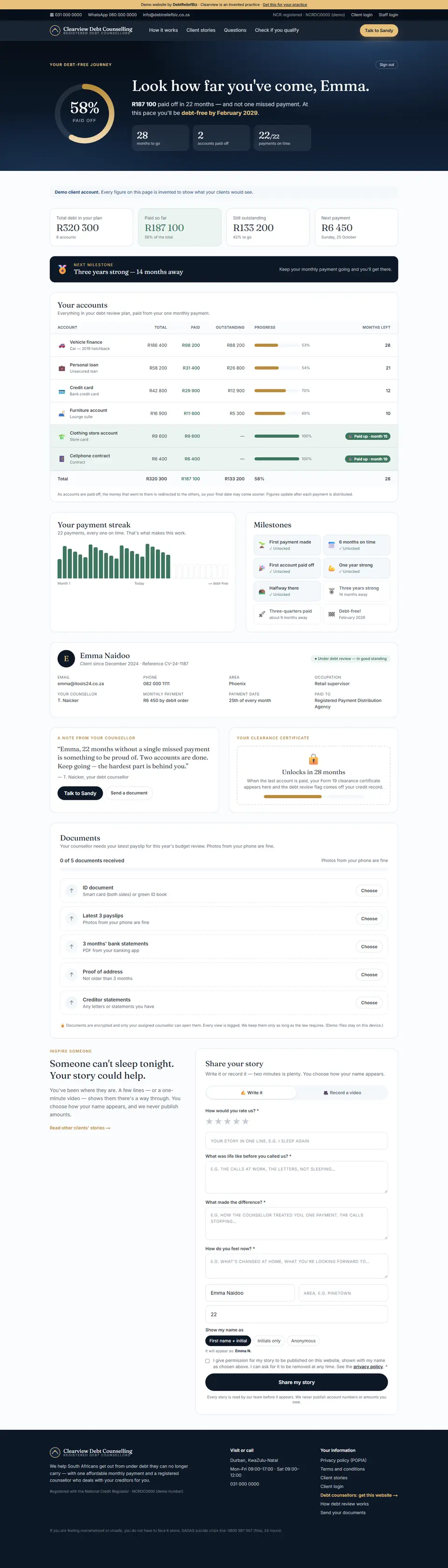 Full-page screenshot: Client dashboard — Emma, 58% paid