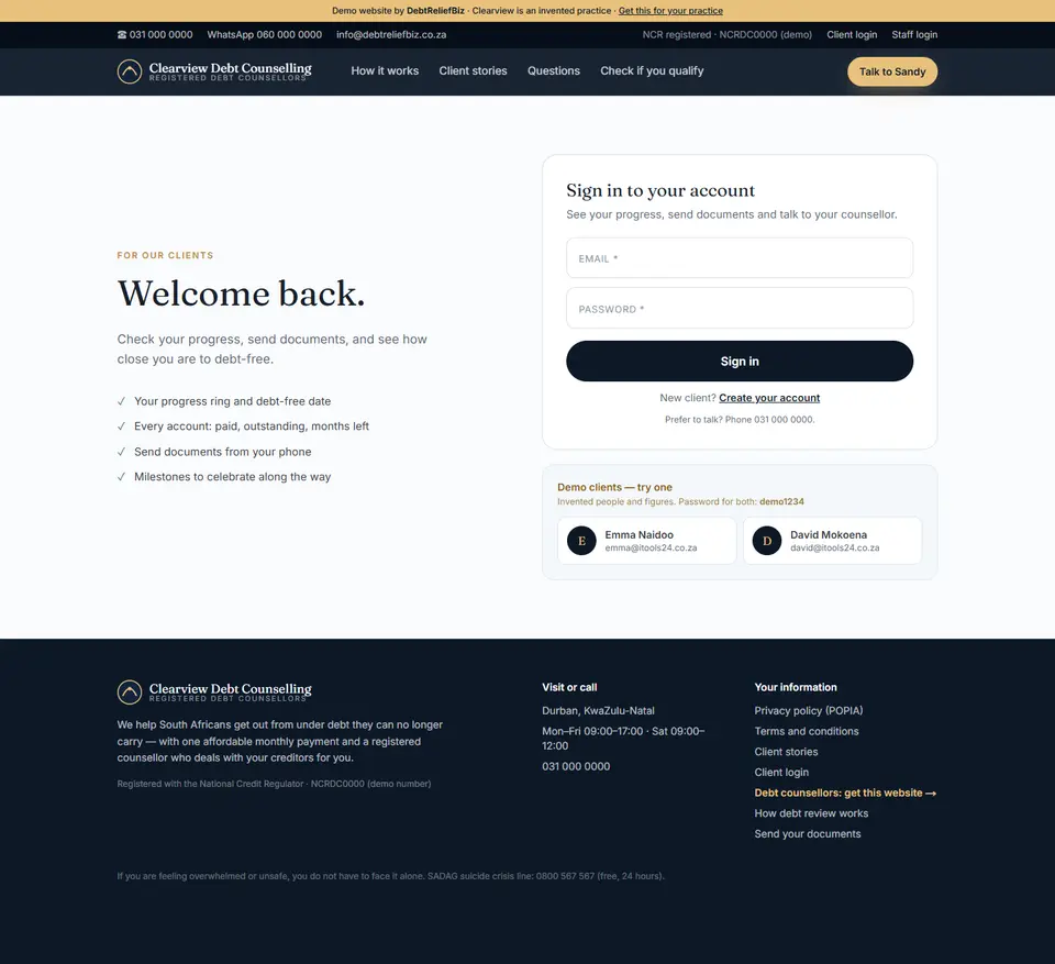 Full-page screenshot: Client login