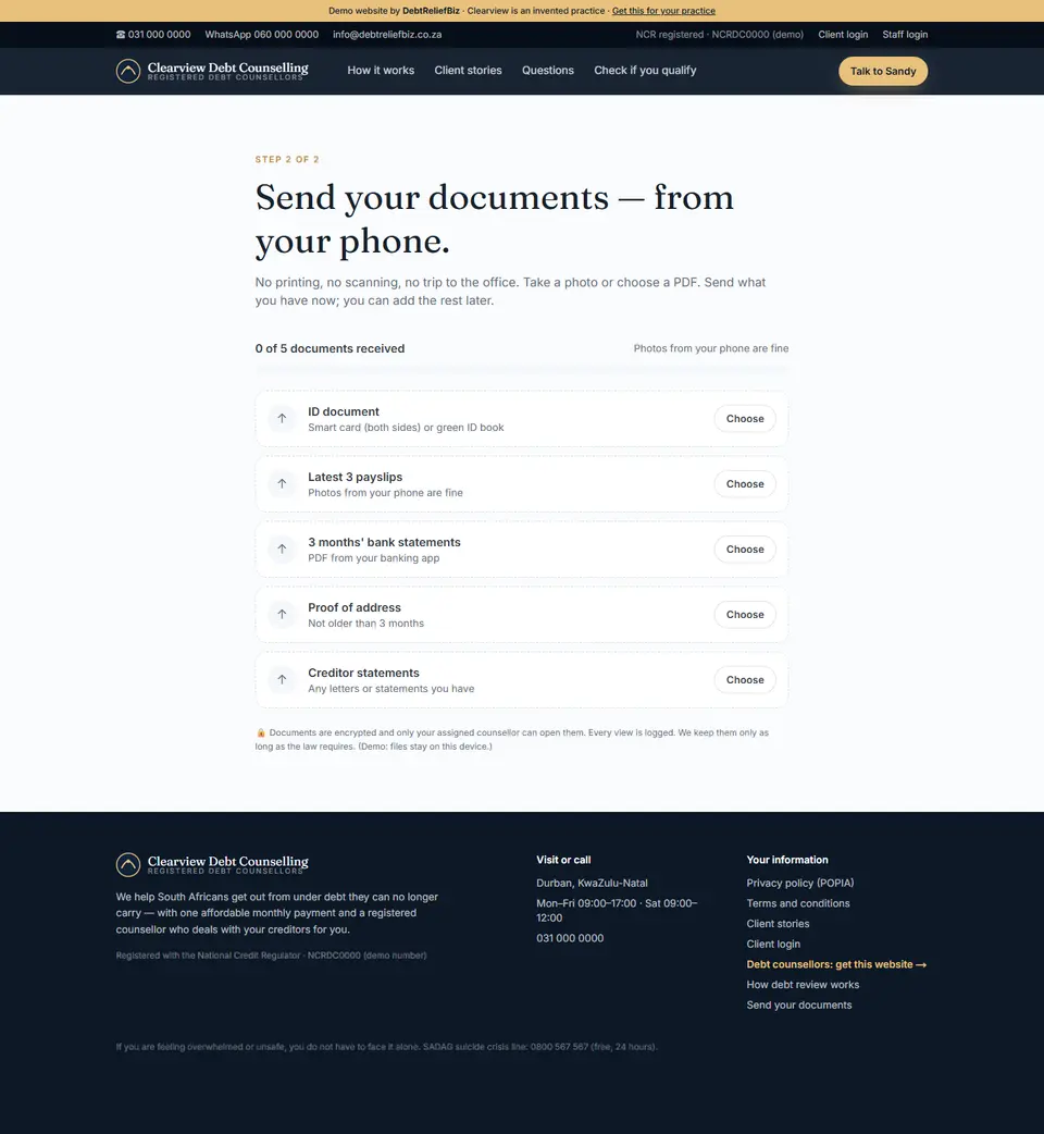 Full-page screenshot: Send documents